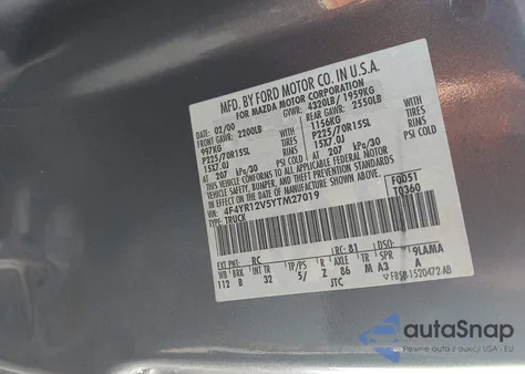 2000 Mazda B3000 z USA, uszkodzony, nr VIN 4F4YR12V5YTM27019